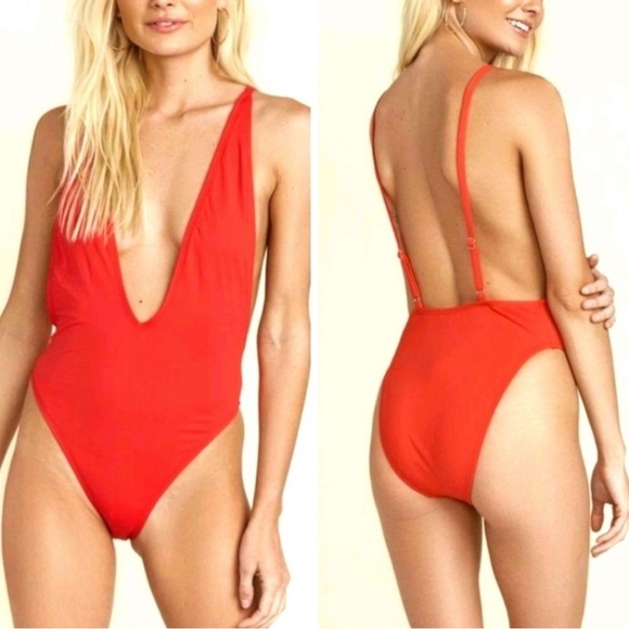 Dippin Daisy’s Deep V Red One Piece High Leg Low Back Sz S Summer Beach Sexy - Picture 1 of 13